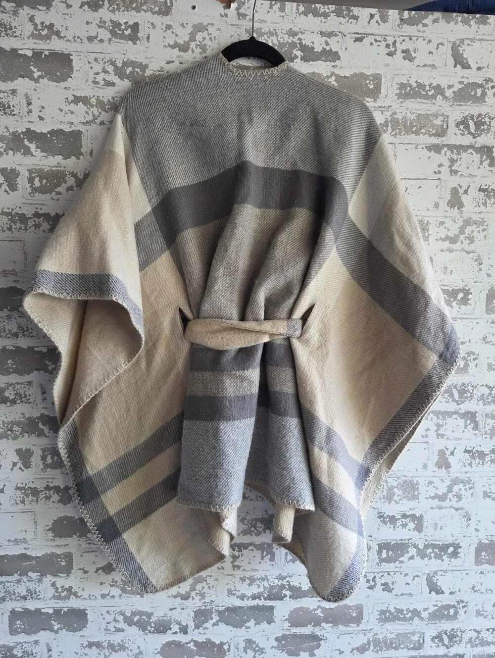 Plaid Belted Blanket Poncho Wrap Cape Beige Gray OS